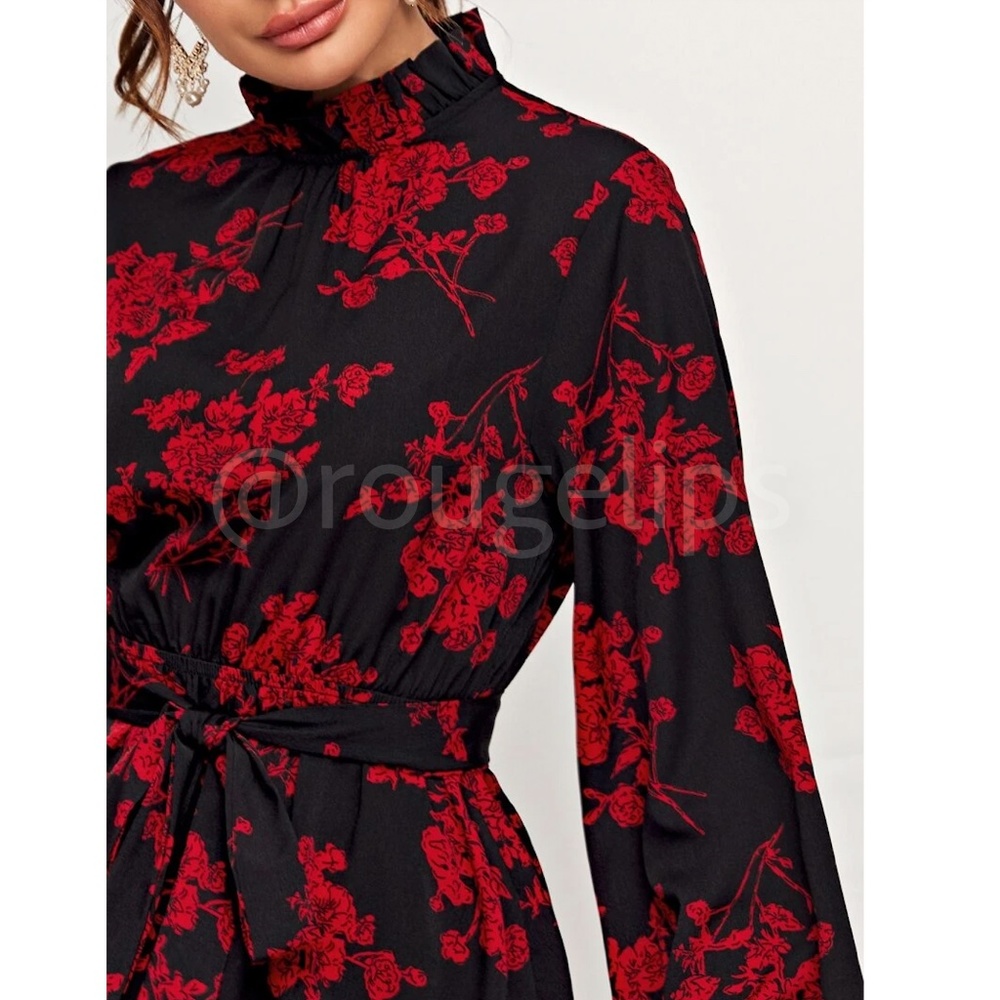 Red on Black Floral Mini Dress High Neck Long Sleeve Backless - Picture 4 of 8